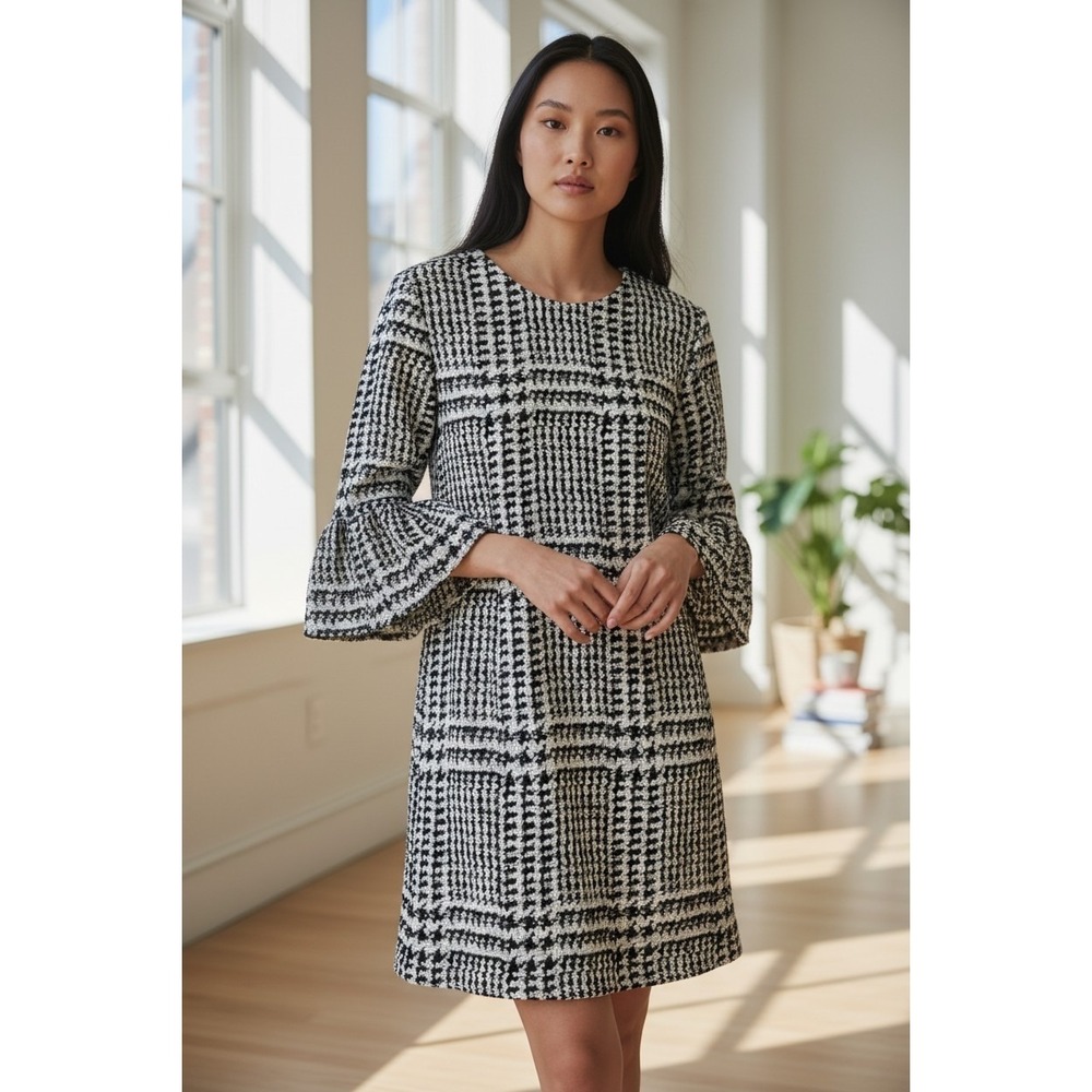 Zara Houndstooth Twee 3/4 Bell Sleeve Mini Dress L Dark Acadamia Career Paris